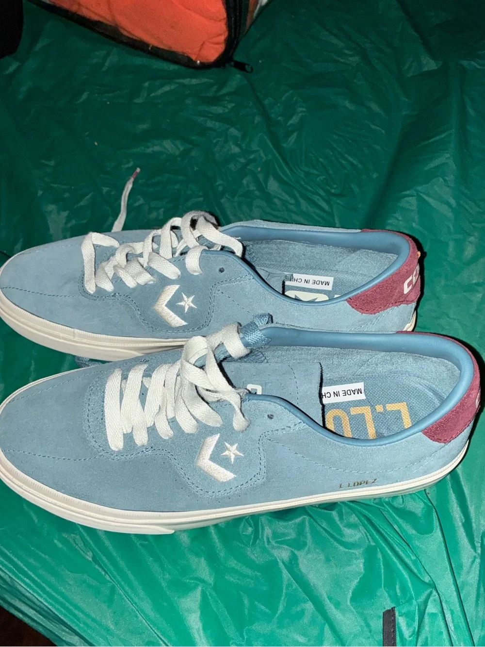 Converse Light Blue Suede Low-Top Boat Shoes with Maroon Heel